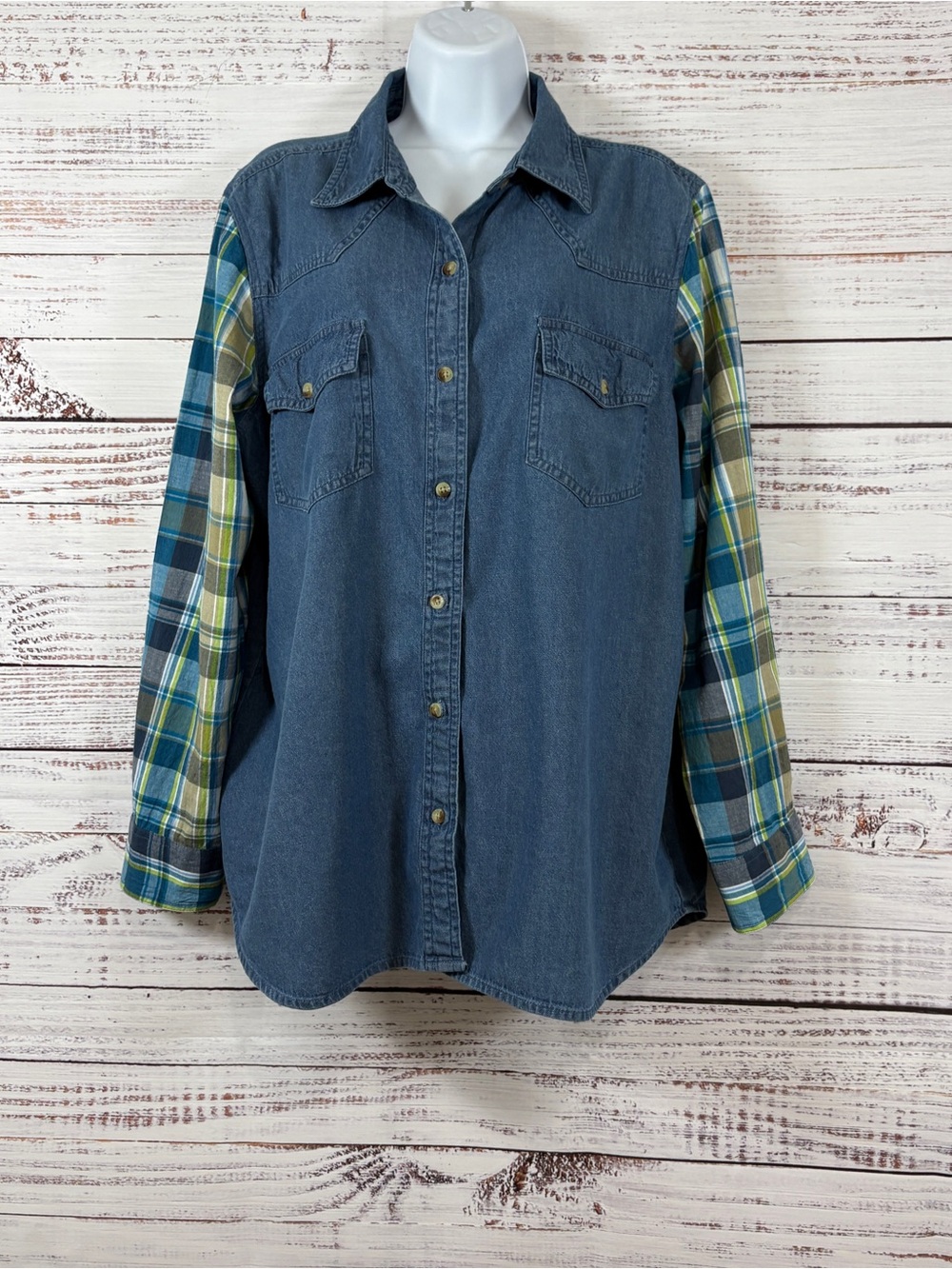 Country Store Denim Button Long Plaid Sleeve Shirt